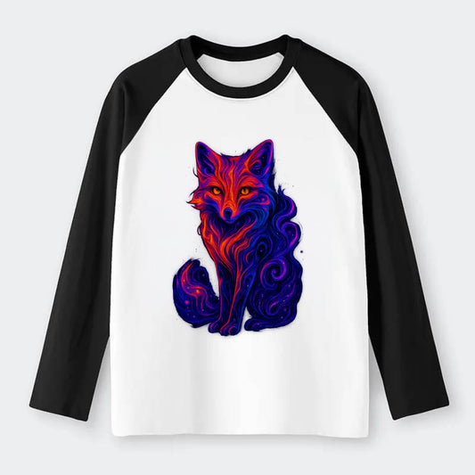 Clever fox with tail dissolving into cosmic nebula swirls, orange to - Raglan Long Sleeve T-Shirt - Black