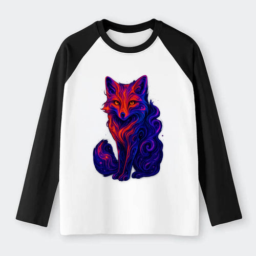 Clever fox with tail dissolving into cosmic nebula swirls, orange to - Raglan Long Sleeve T-Shirt