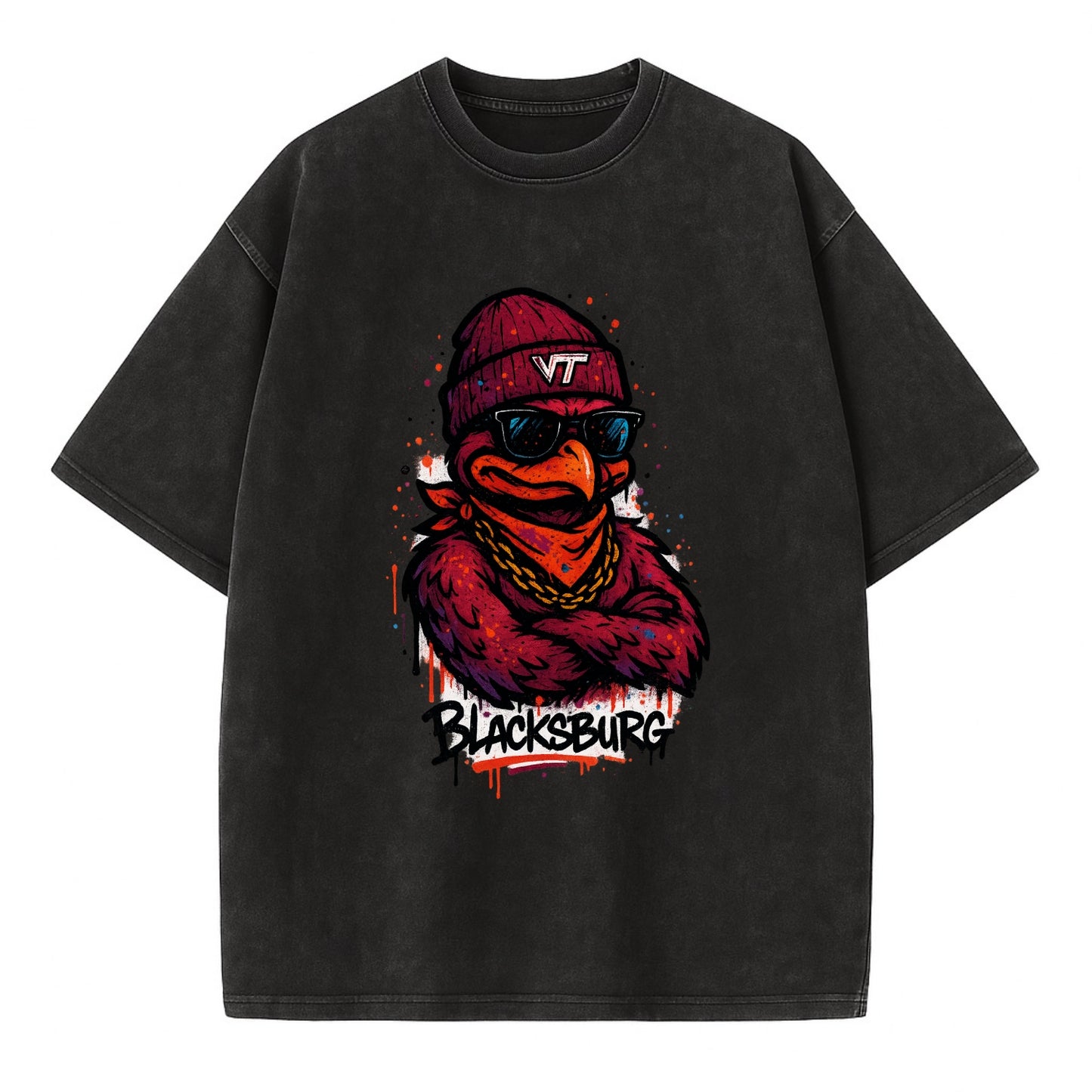 Blacksburg HokieBird wearing Virginia Tech beanie with VT patch - Vintage T-shirt - Black