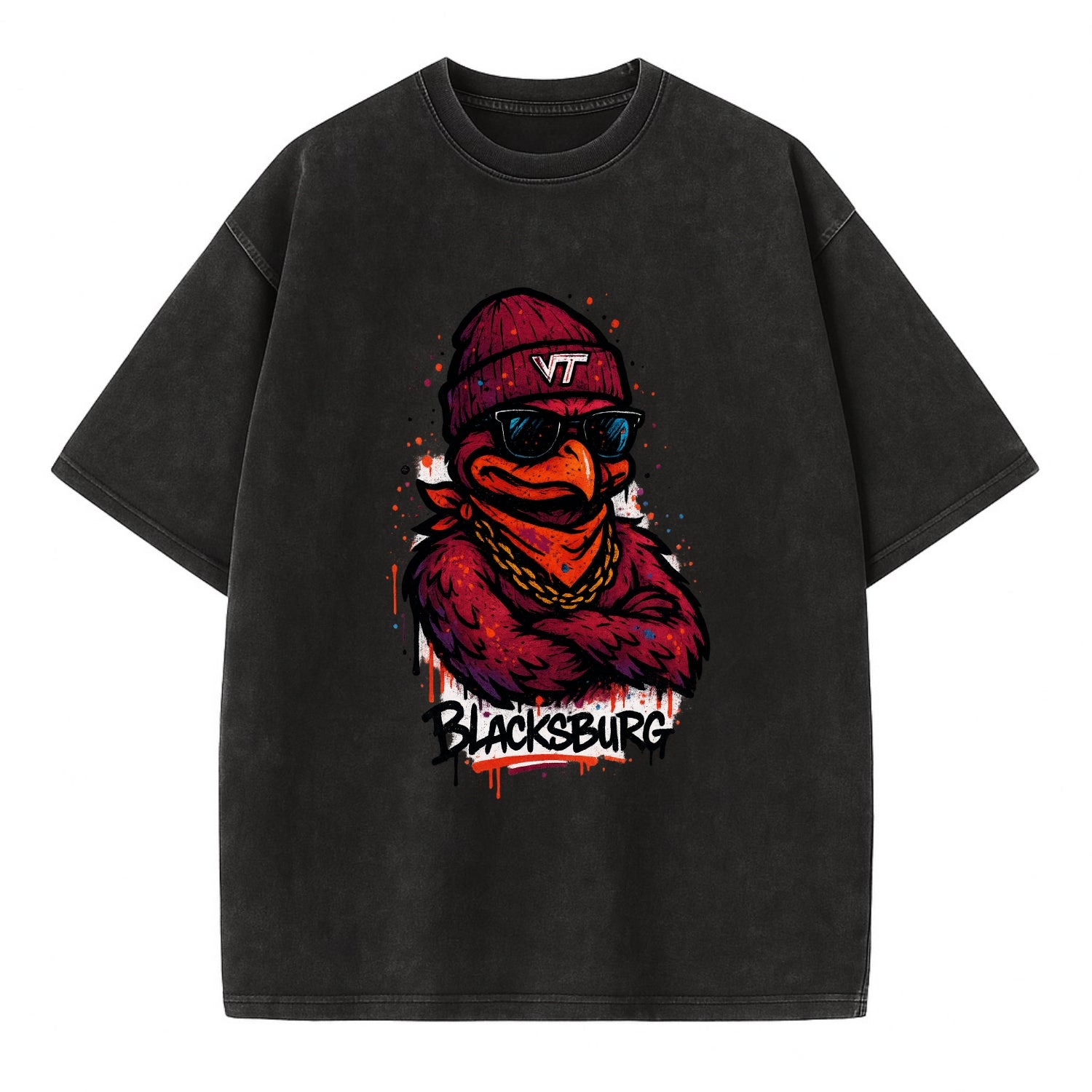 Blacksburg HokieBird wearing Virginia Tech beanie with VT patch - Vintage T-shirt - Black