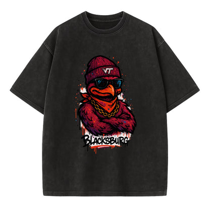 Blacksburg HokieBird wearing Virginia Tech beanie with VT patch - Vintage T-shirt - Black