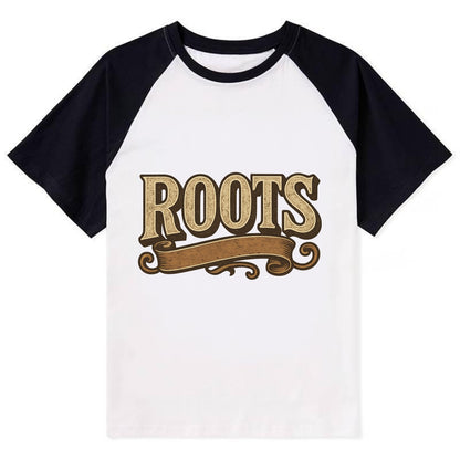 Bold typography design - "ROOTS" - where you come from, heritage - Contrast Raglan T-shirt - Black