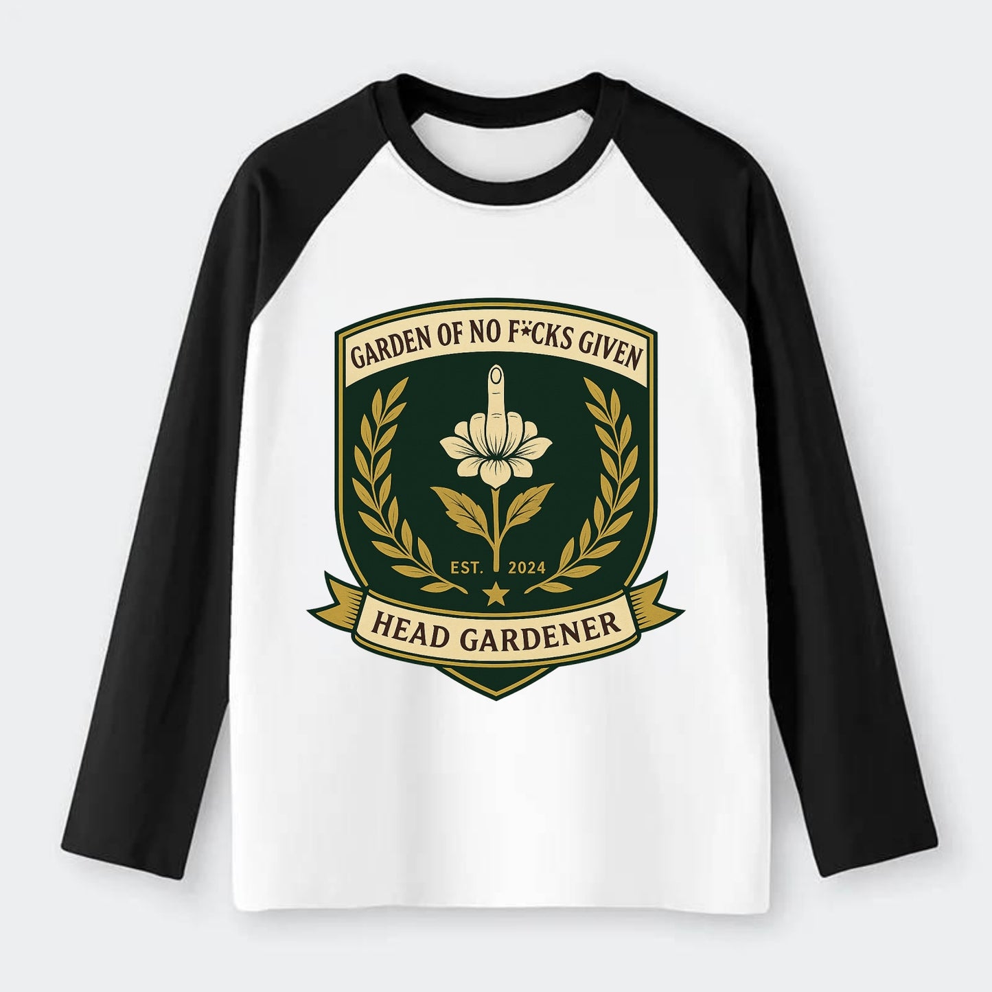 Shield with middle finger flower - "Garden of No F*cks Given - Head - Raglan Long Sleeve T-Shirt - Black
