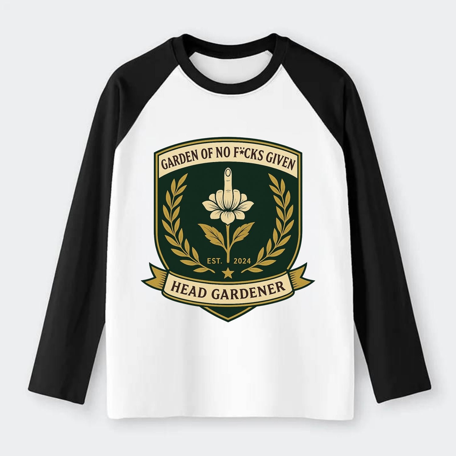 Shield with middle finger flower - "Garden of No F*cks Given - Head - Raglan Long Sleeve T-Shirt - Black