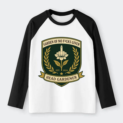 Shield with middle finger flower - "Garden of No F*cks Given - Head - Raglan Long Sleeve T-Shirt - Black