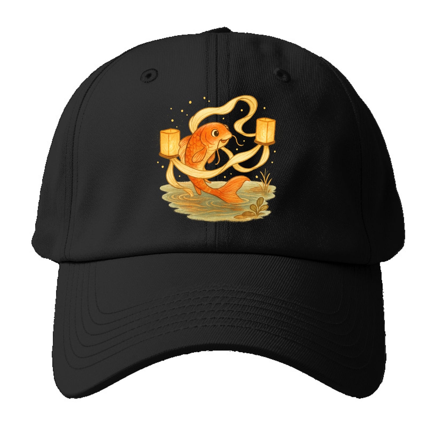 Koi weaving silk streamers through floating lanterns on tranquil water - Baseball Cap - Black