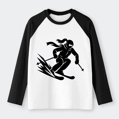 Skier carving down snowy slope - Raglan Long Sleeve T-Shirt - Black