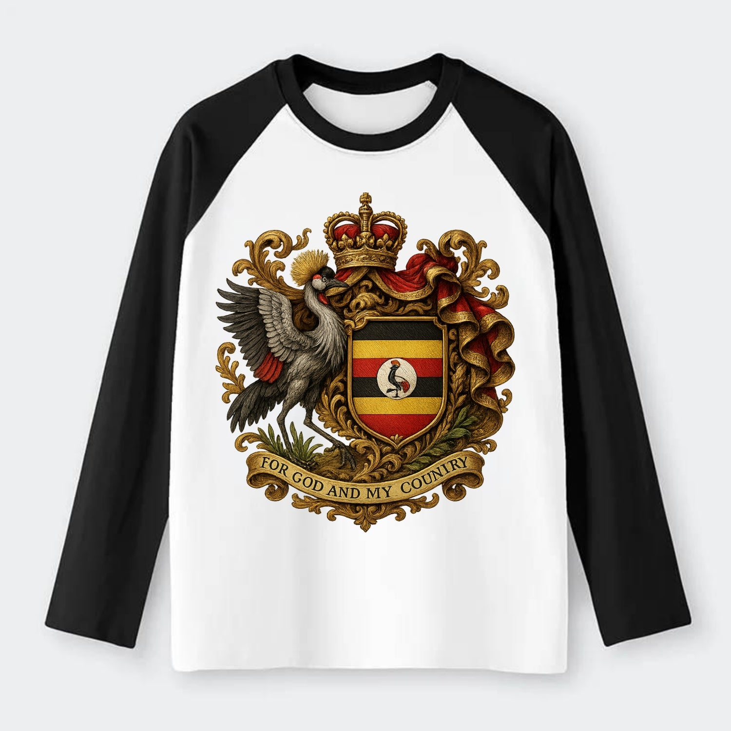 Uganda Crested Crane Emblem - Raglan Long Sleeve T-Shirt - Black