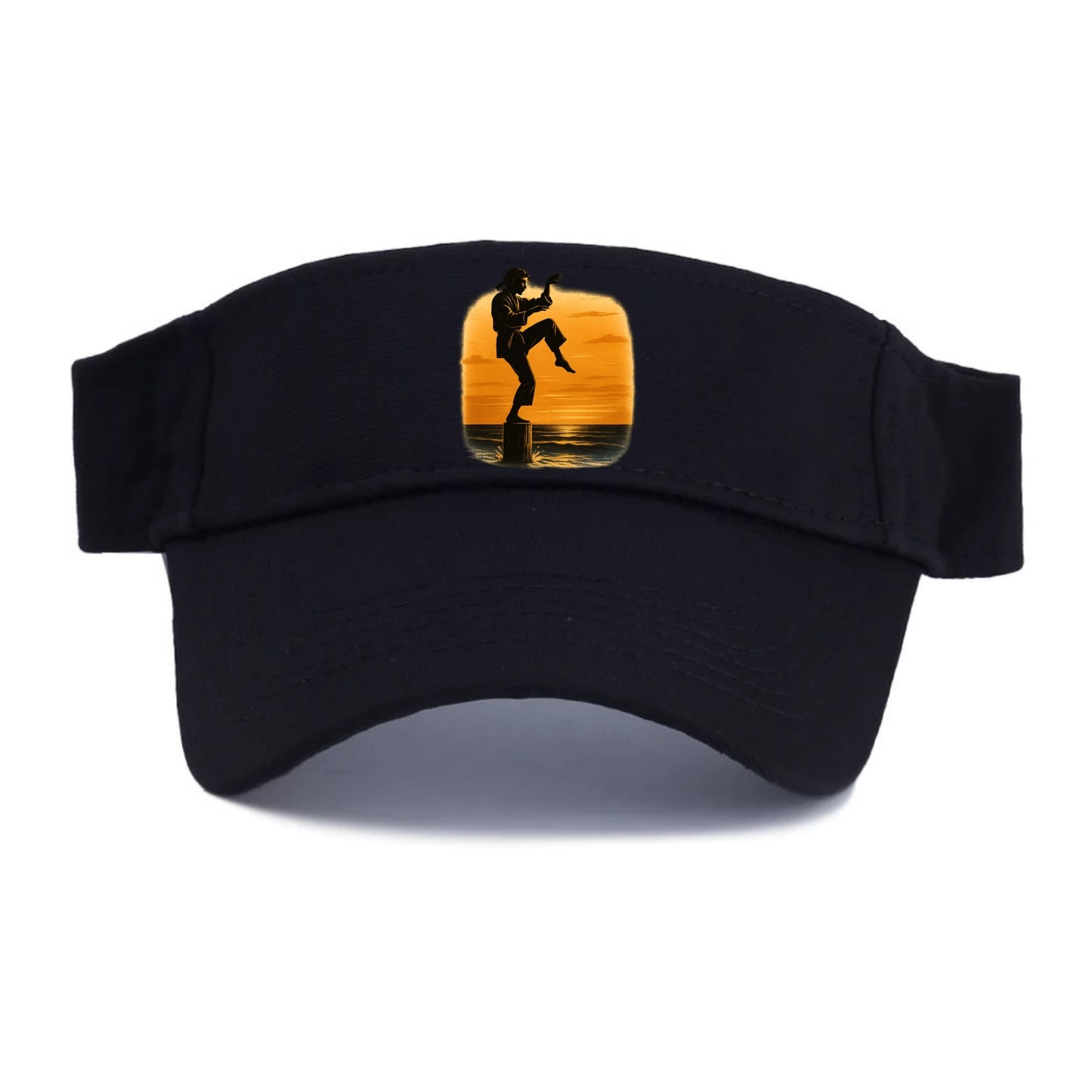 karate crane kick pose on wooden post at beach sunset - Visor - Black