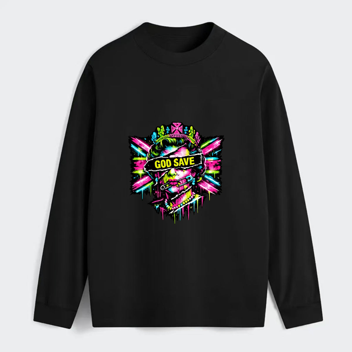 GOD SAVE | Torn royal portrait style | Blackout bar across eyes | - Classic Long Sleeve Shirt - Black