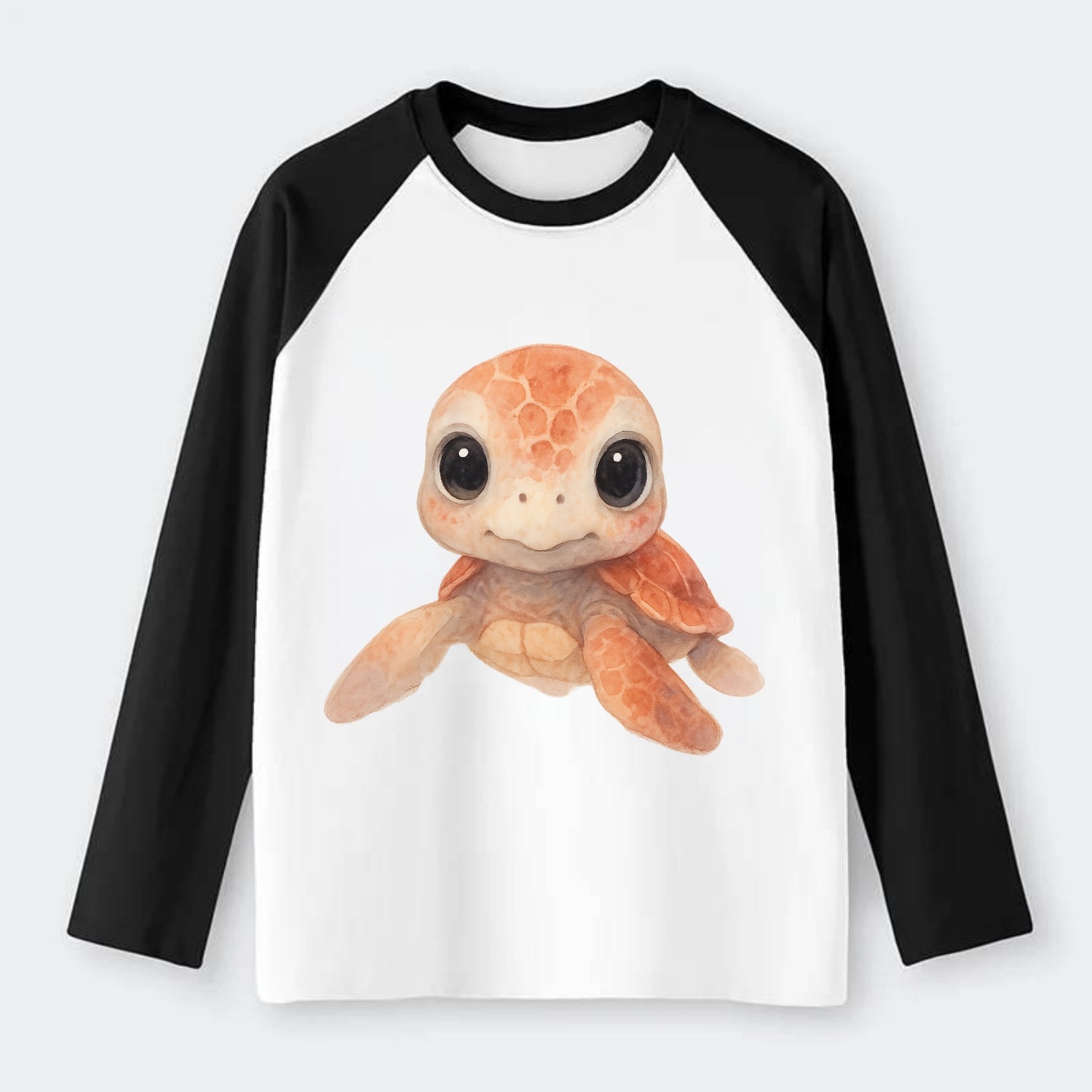 Baby Loggerhead Turtle - reddish-brown shell, big round dark eyes, - Raglan Long Sleeve T-Shirt - Black
