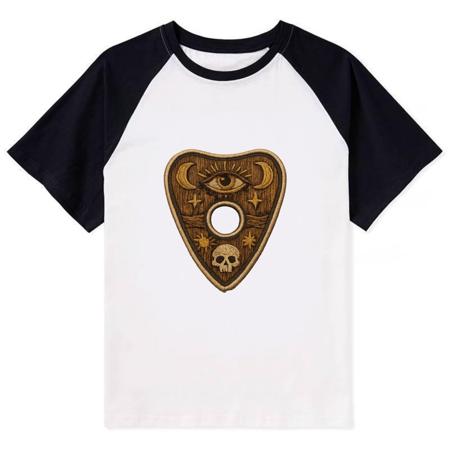 OUIJA PLANCHETTE - spirit board pointer in wood and gold , seance - Contrast Raglan T-shirt - Black