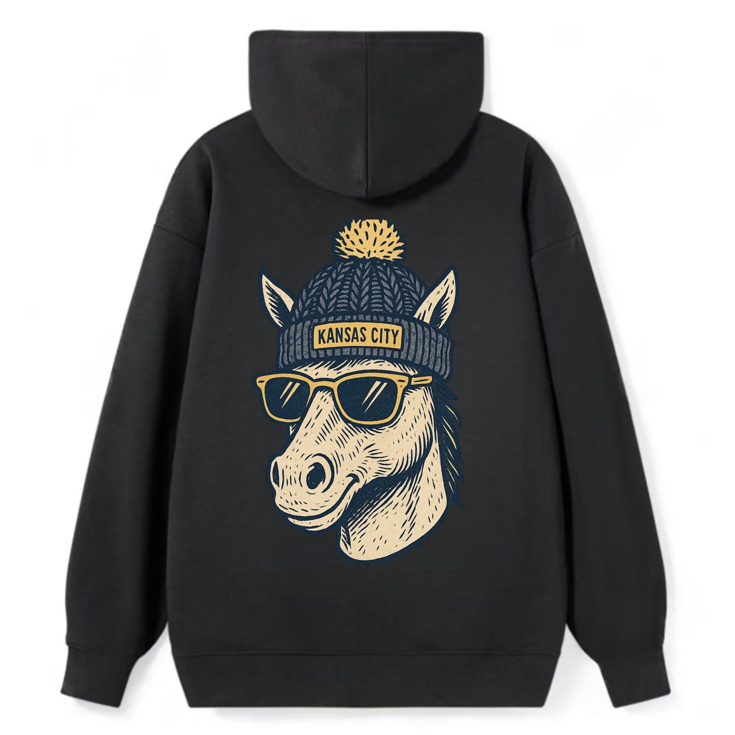 Missouri Mule wearing Kansas City beanie with pom pom and wayfarer - Classic Pullover Hoodie - Black