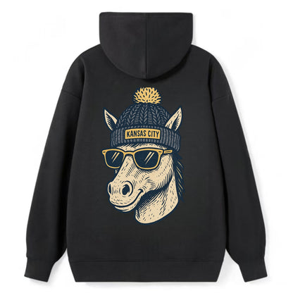 Missouri Mule wearing Kansas City beanie with pom pom and wayfarer - Classic Pullover Hoodie - Black