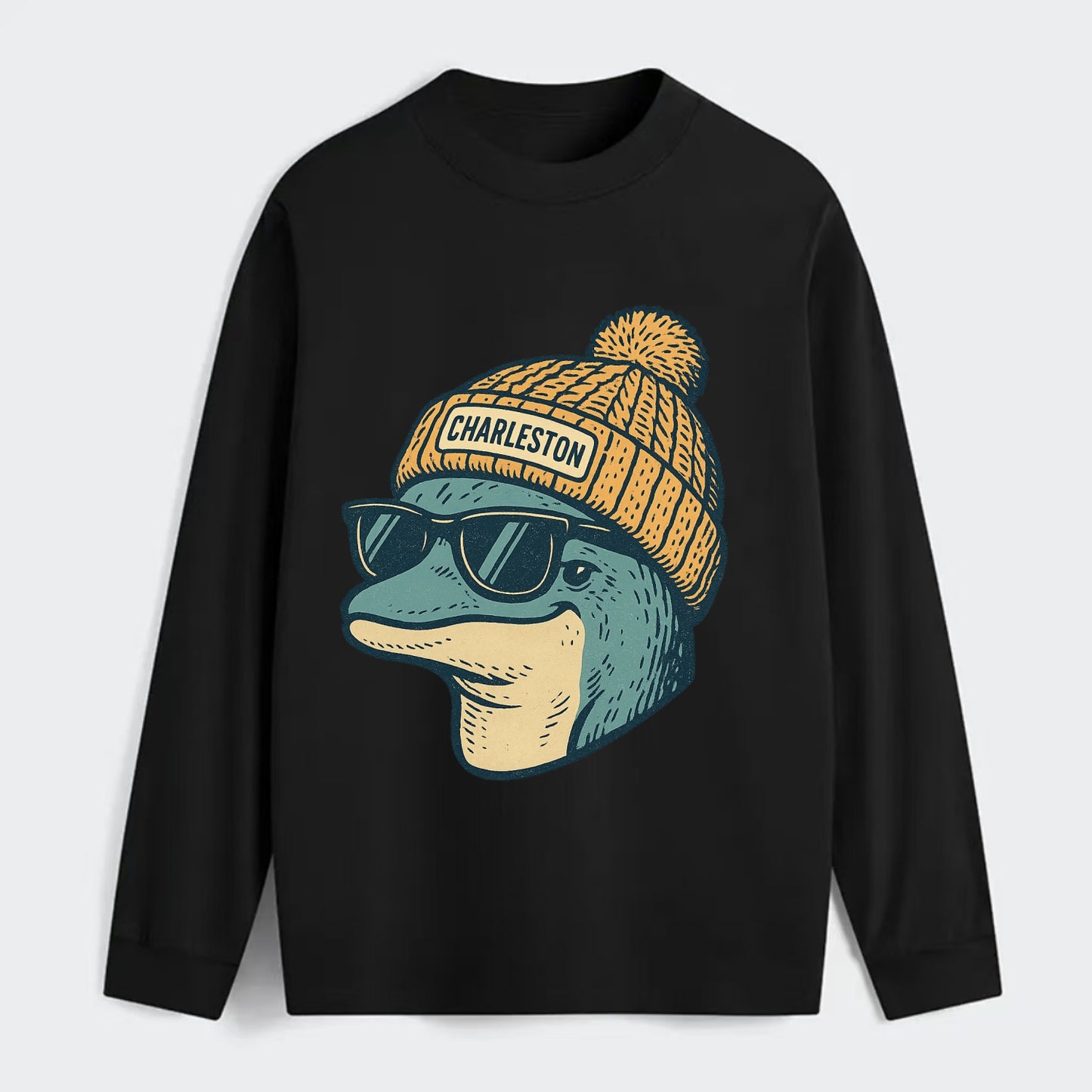 Charleston Dolphin wearing Charleston beanie with pom pom and wayfarer - Classic Long Sleeve Shirt - Black