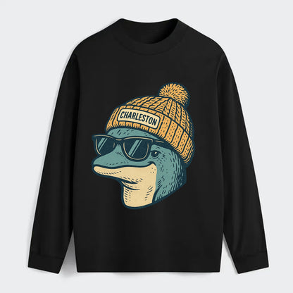Charleston Dolphin wearing Charleston beanie with pom pom and wayfarer - Classic Long Sleeve Shirt - Black