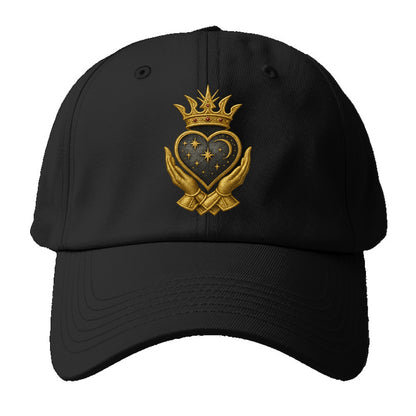 Hammered bronze warrior crown anchoring a dark steel heart with shield-bearing hands. - Baseball Cap - Black