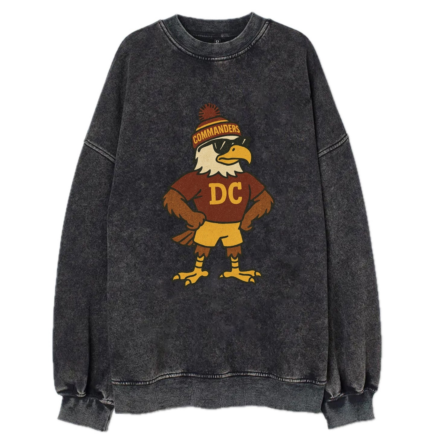 DC Eagle wearing Commanders burgundy and gold beanie with pom pom and wayfarer - Vintage Sweatshirt - Black