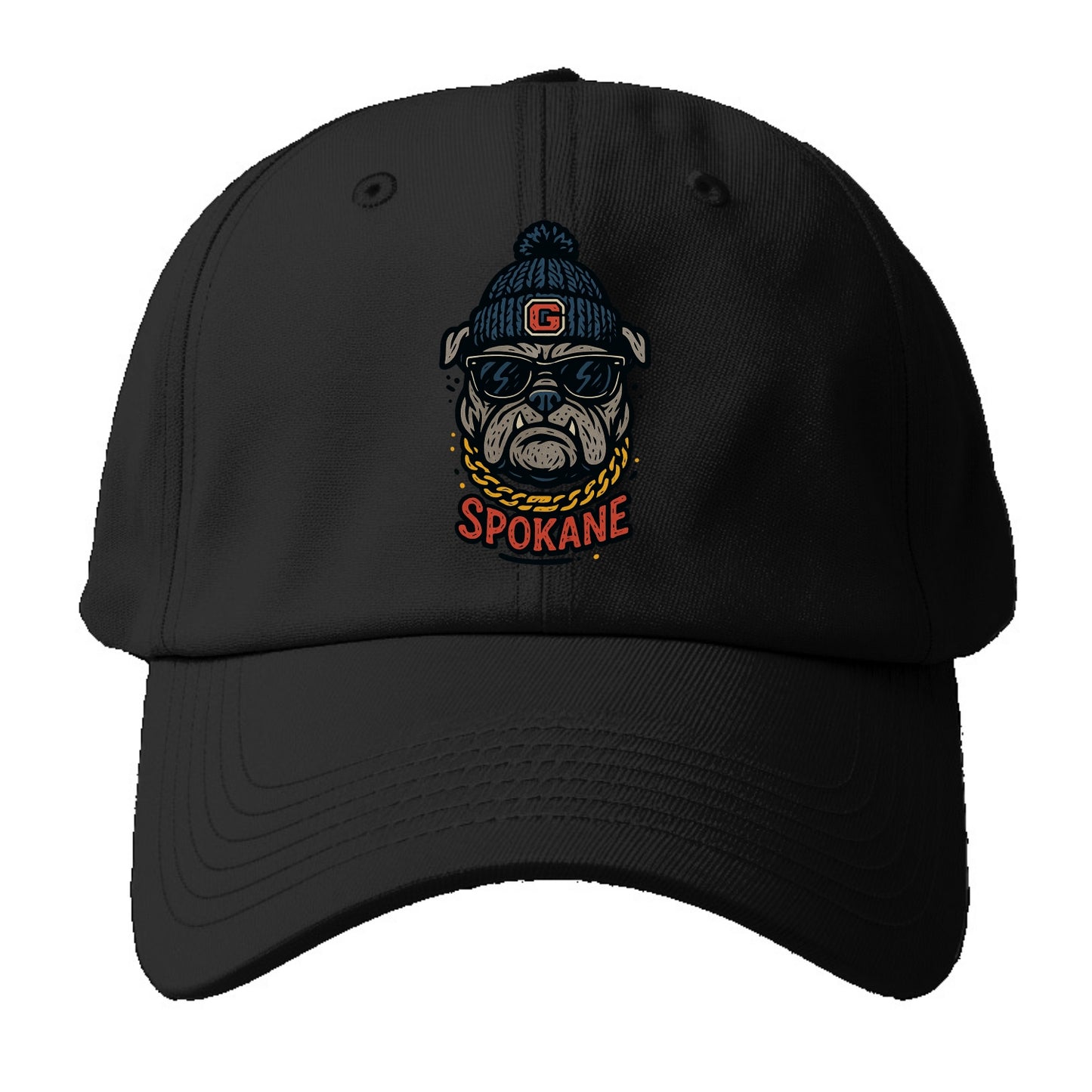 Spokane Bulldog wearing Gonzaga beanie with G patch - Baseball Cap For Big Heads - Black