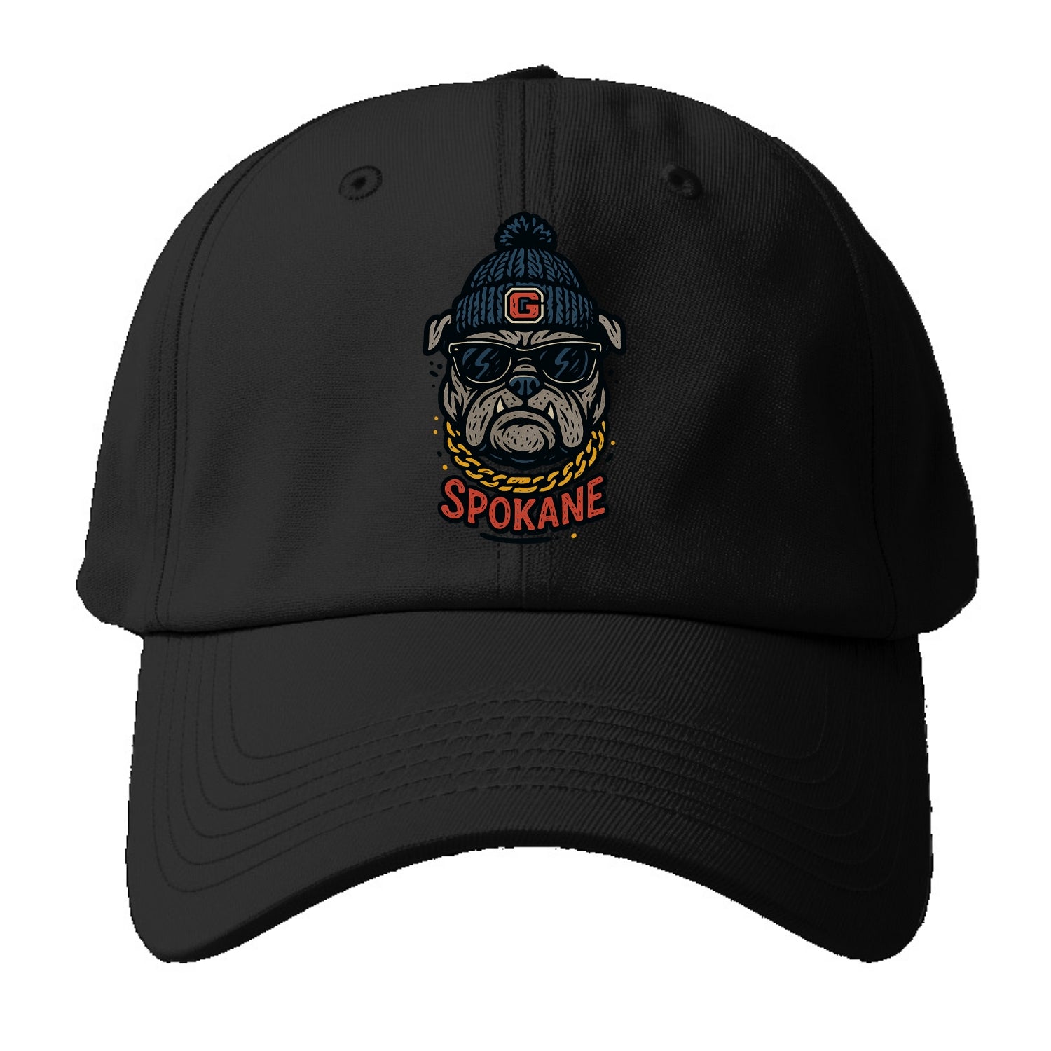 Spokane Bulldog wearing Gonzaga beanie with G patch - Baseball Cap For Big Heads - Black