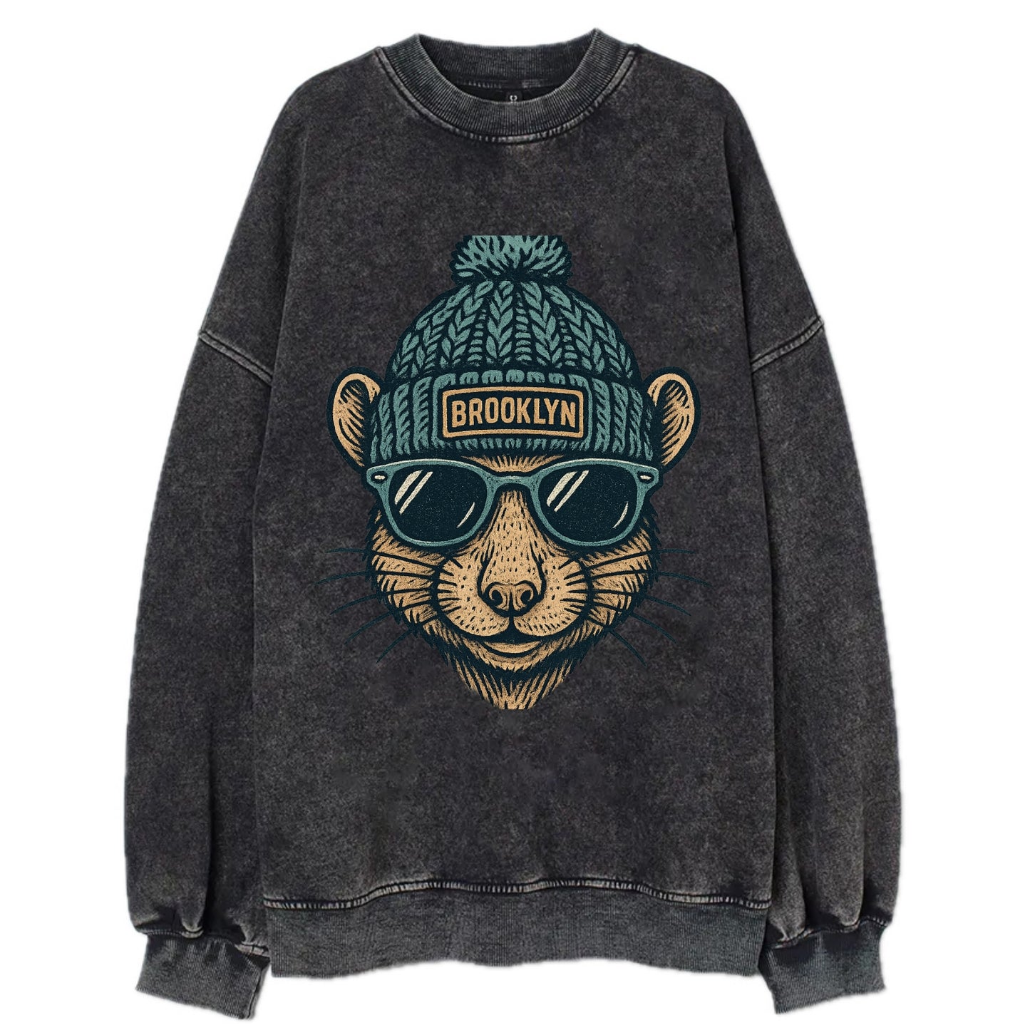 NYC Rat wearing Brooklyn beanie with pom pom and wayfarer sunglasses - Vintage Sweatshirt - Black