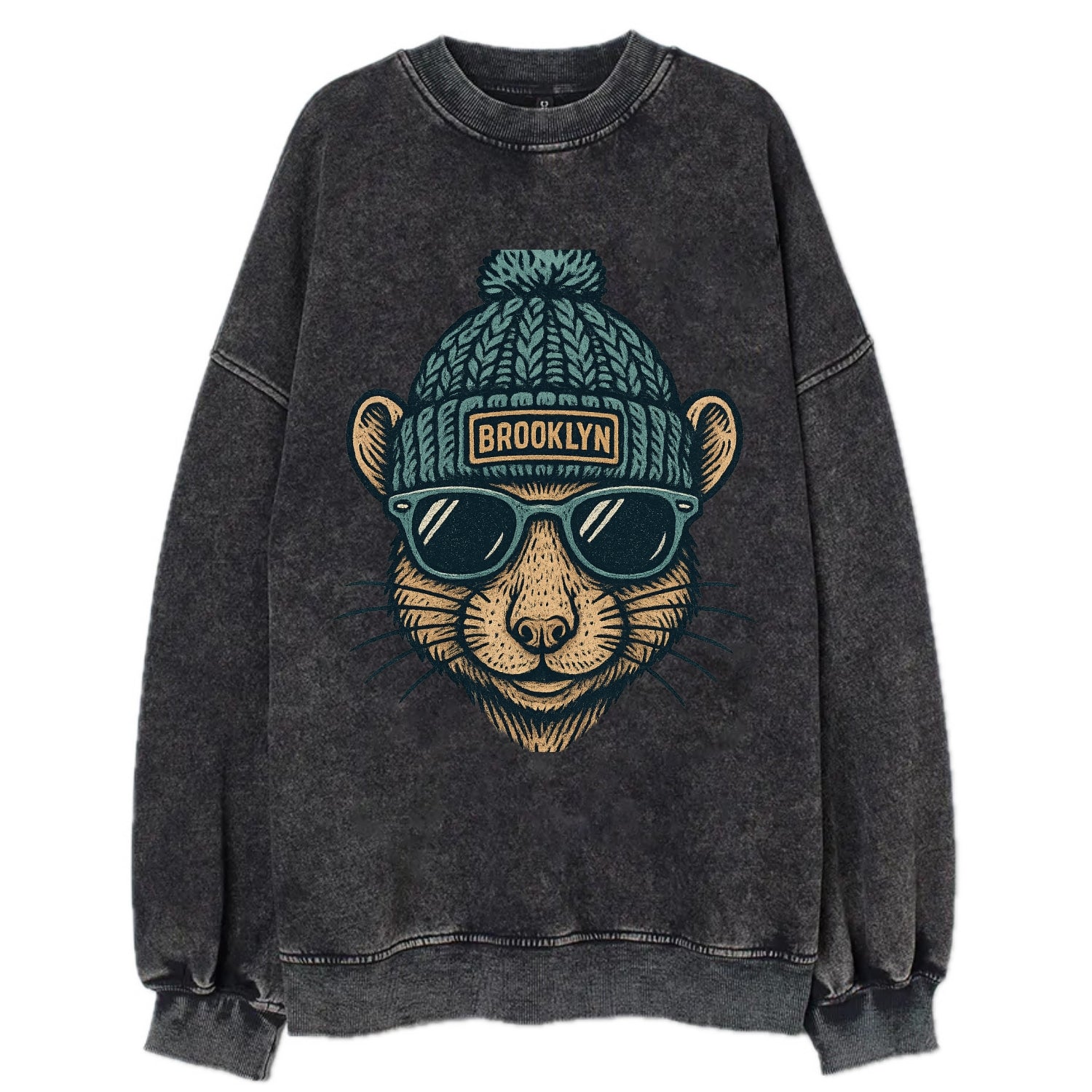 NYC Rat wearing Brooklyn beanie with pom pom and wayfarer sunglasses - Vintage Sweatshirt - Black