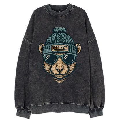 NYC Rat wearing Brooklyn beanie with pom pom and wayfarer sunglasses - Vintage Sweatshirt - Black