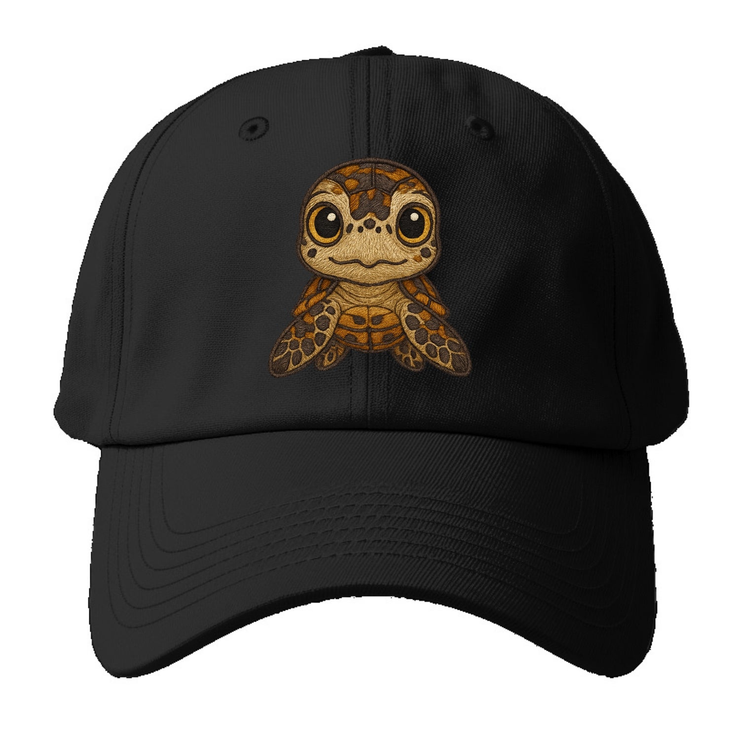 Baby Hawksbill Turtle - amber and brown shell pattern, curious golden - Baseball Cap For Big Heads - Black