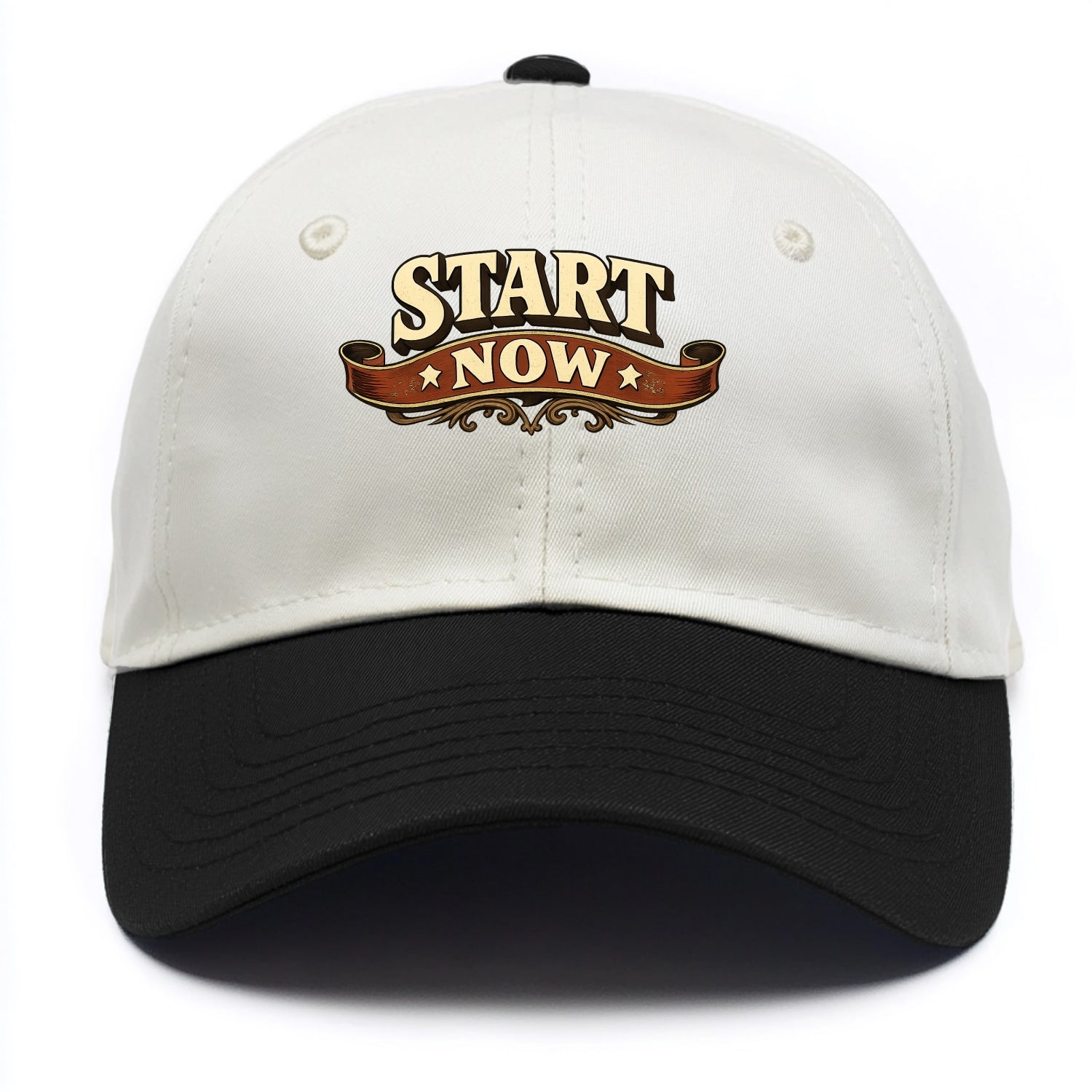 Bold typography design - "START NOW" - begin immediately, no delay - Two Tone Cap - Black