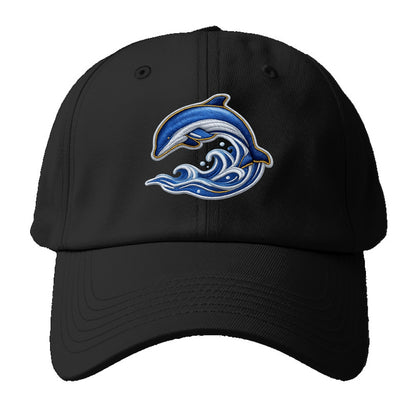 Embroidered patch design - SWIMMING DOLPHIN - diving dolphin with - Baseball Cap For Big Heads - Black