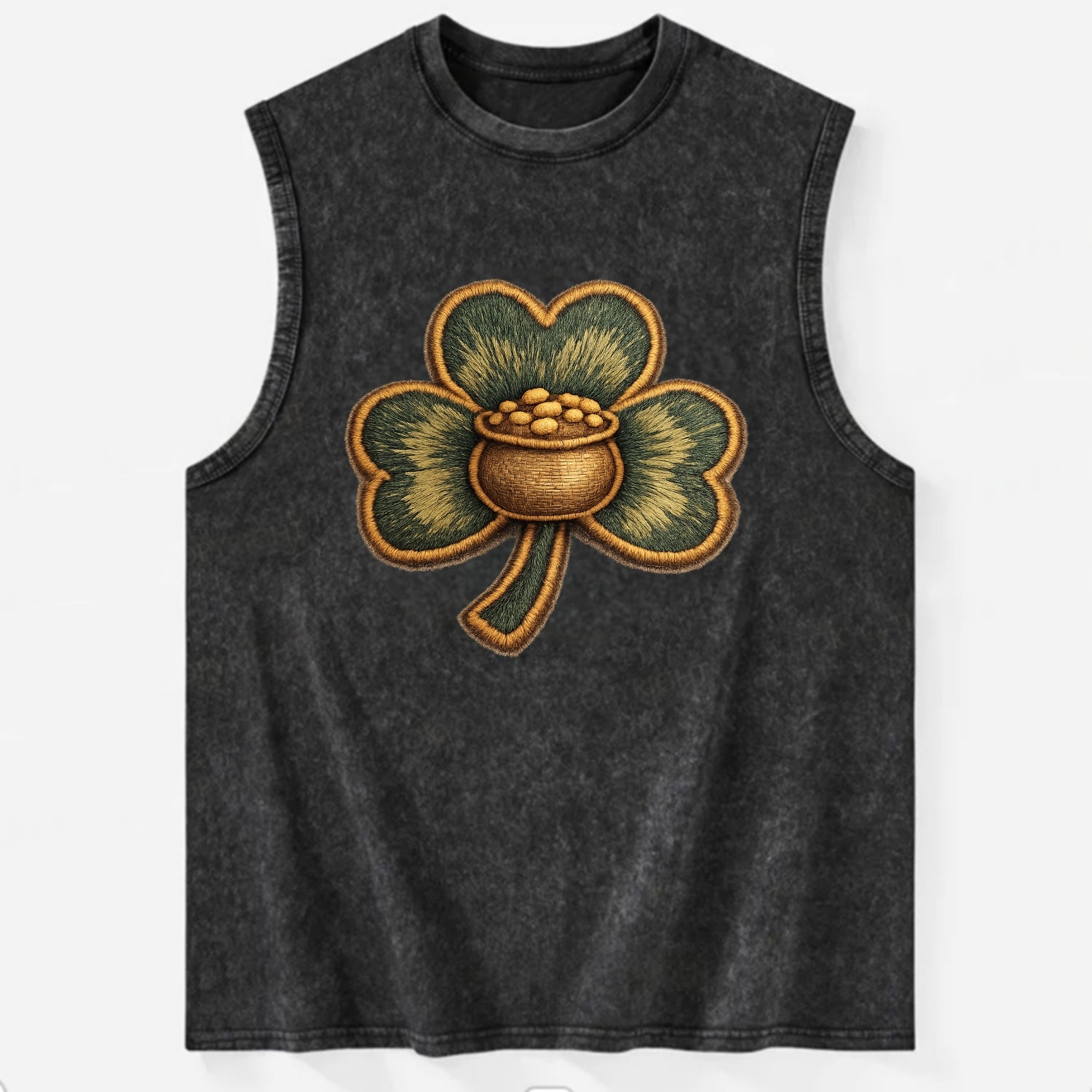 ST PATRICKS CLOVER - lucky clover with gold in green and gold , Irish luck - Vintage Washed Tank - Black