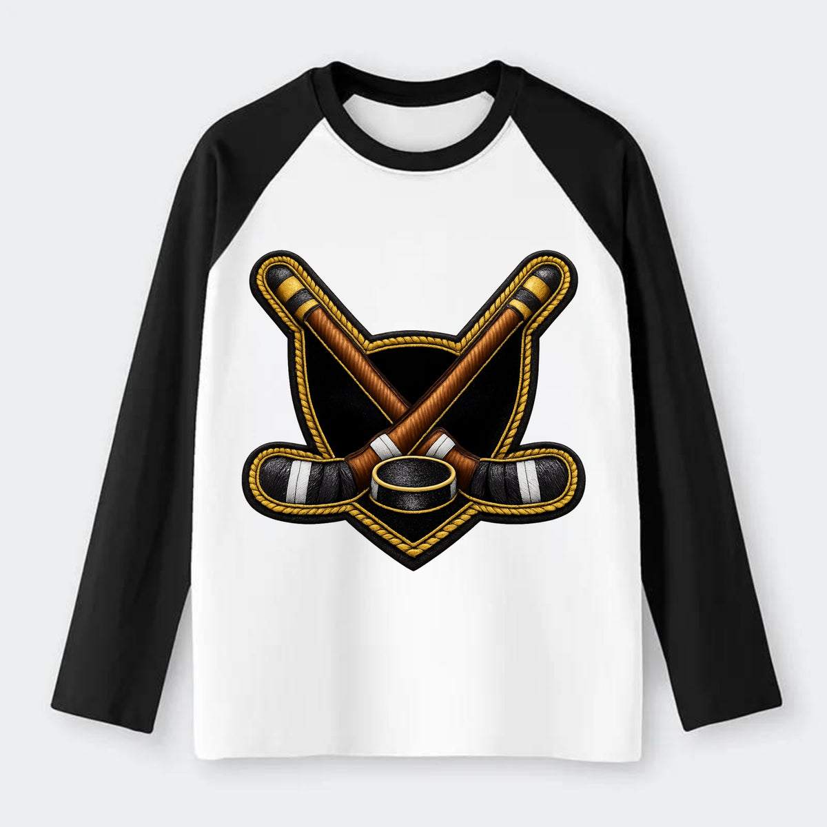 Embroidered patch design - HOCKEY CROSSED STICKS - ice hockey sticks - Raglan Long Sleeve T-Shirt - Black