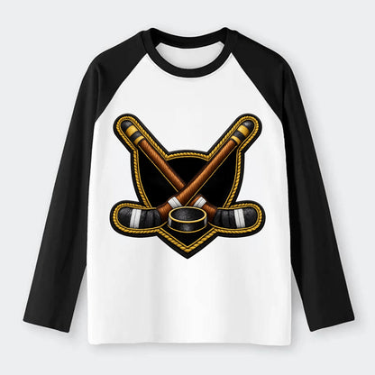 Embroidered patch design - HOCKEY CROSSED STICKS - ice hockey sticks - Raglan Long Sleeve T-Shirt - Black