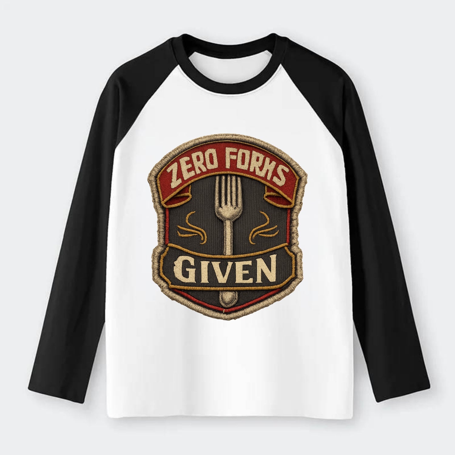 ZERO FORKS GIVEN - fork with text in silver , no cares attitude - Raglan Long Sleeve T-Shirt - Black