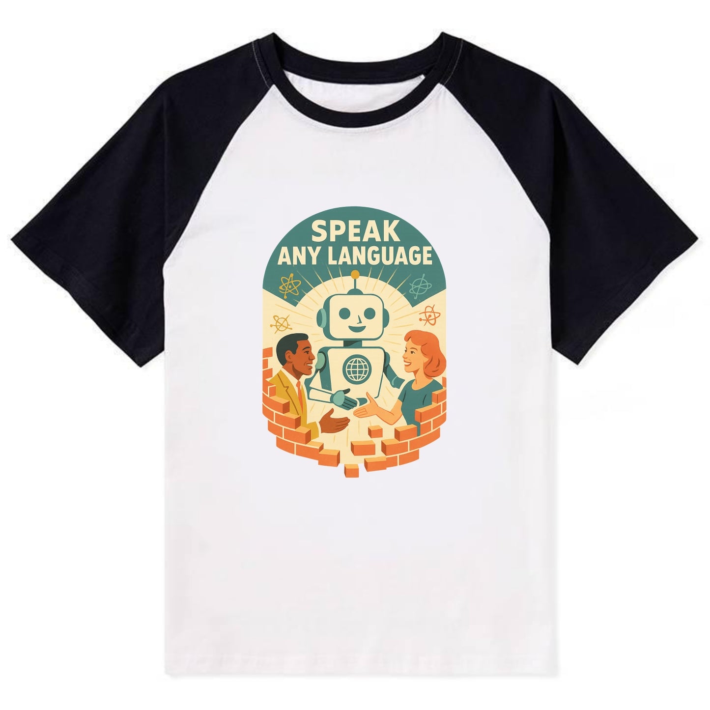 Language learning AI breaking down barriers - "Speak Any Language" - - Contrast Raglan T-shirt - Black
