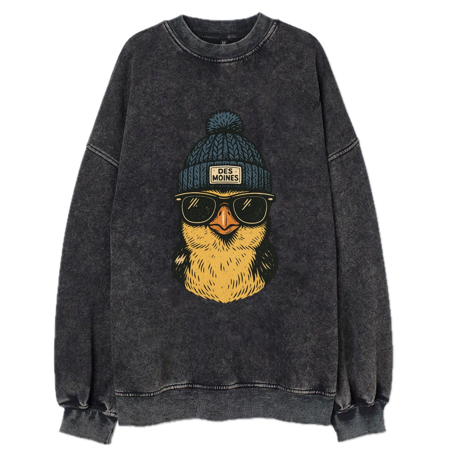 Iowa Goldfinch wearing Des Moines beanie with pom pom and wayfarer sunglasses - Vintage Sweatshirt - Black