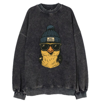 Iowa Goldfinch wearing Des Moines beanie with pom pom and wayfarer sunglasses - Vintage Sweatshirt - Black