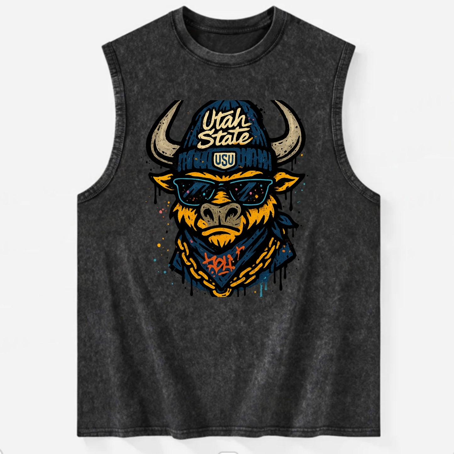 Logan Aggie wearing Utah State beanie with USU patch - Vintage Washed Tank - Black