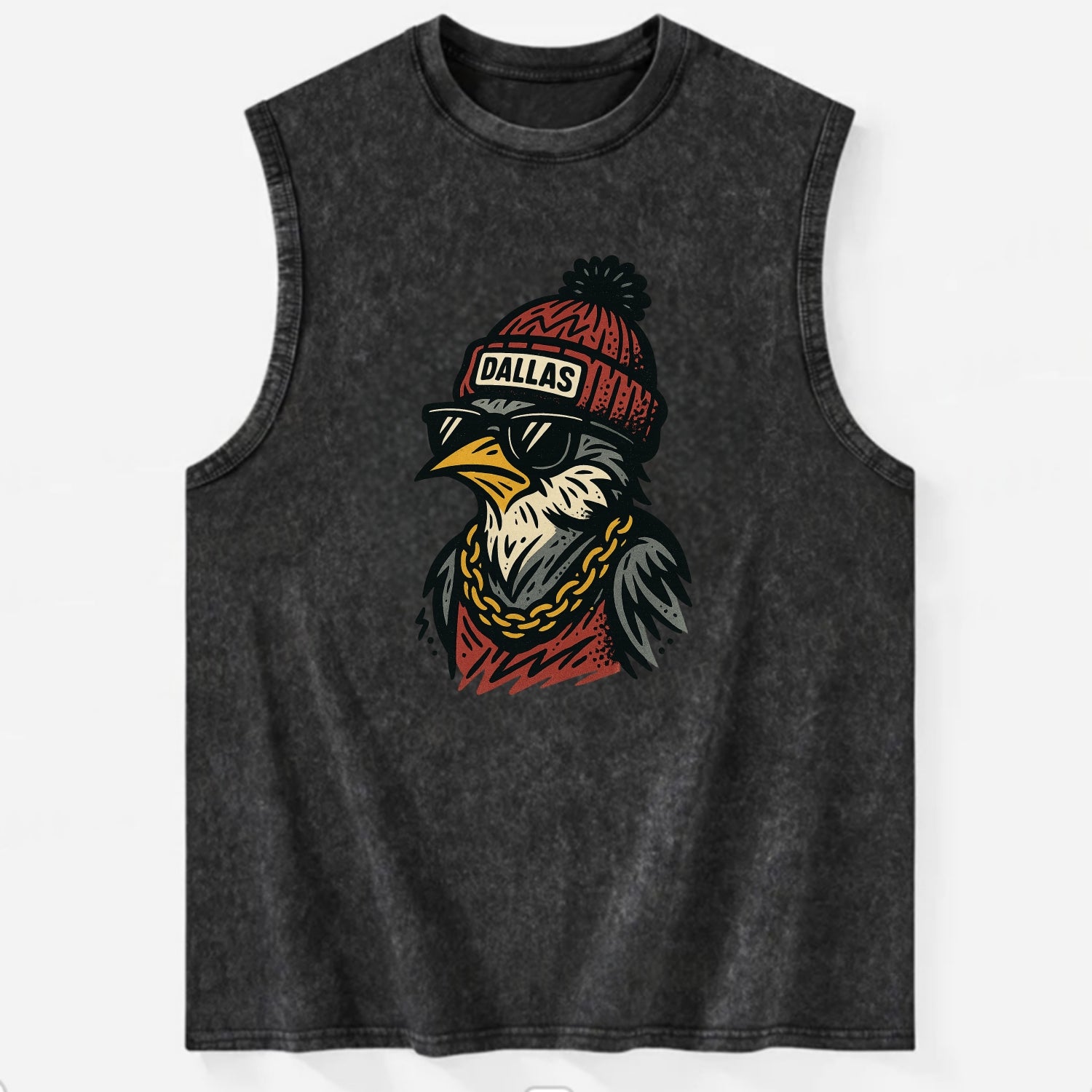 Dallas Mockingbird wearing Dallas beanie with pom pom and wayfarer sunglasses - Vintage Washed Tank - Black