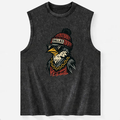 Dallas Mockingbird wearing Dallas beanie with pom pom and wayfarer sunglasses - Vintage Washed Tank - Black