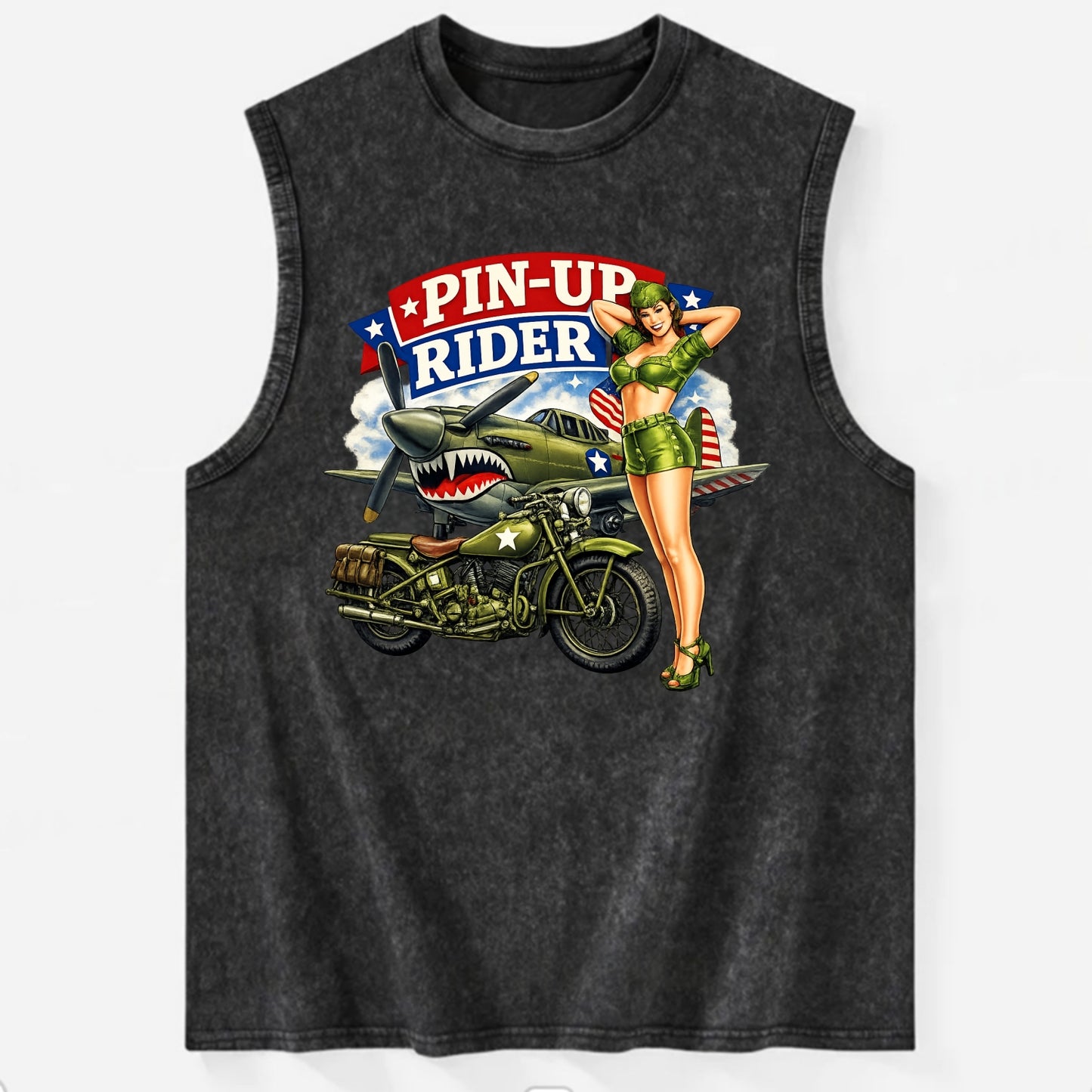 Wwii Pin Up Rider - Vintage Washed Tank - Black