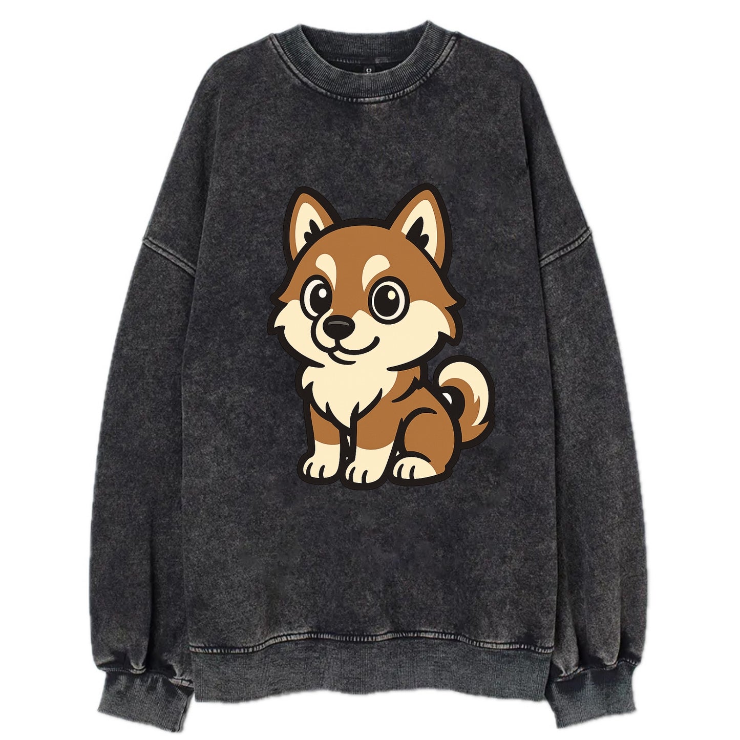 Pomsky - Pomeranian-Husky mix sitting pose - Vintage Sweatshirt - Black