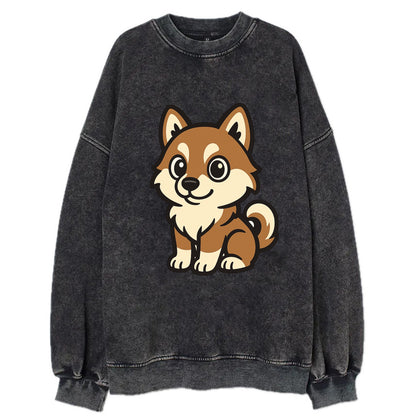 Pomsky - Pomeranian-Husky mix sitting pose - Vintage Sweatshirt - Black