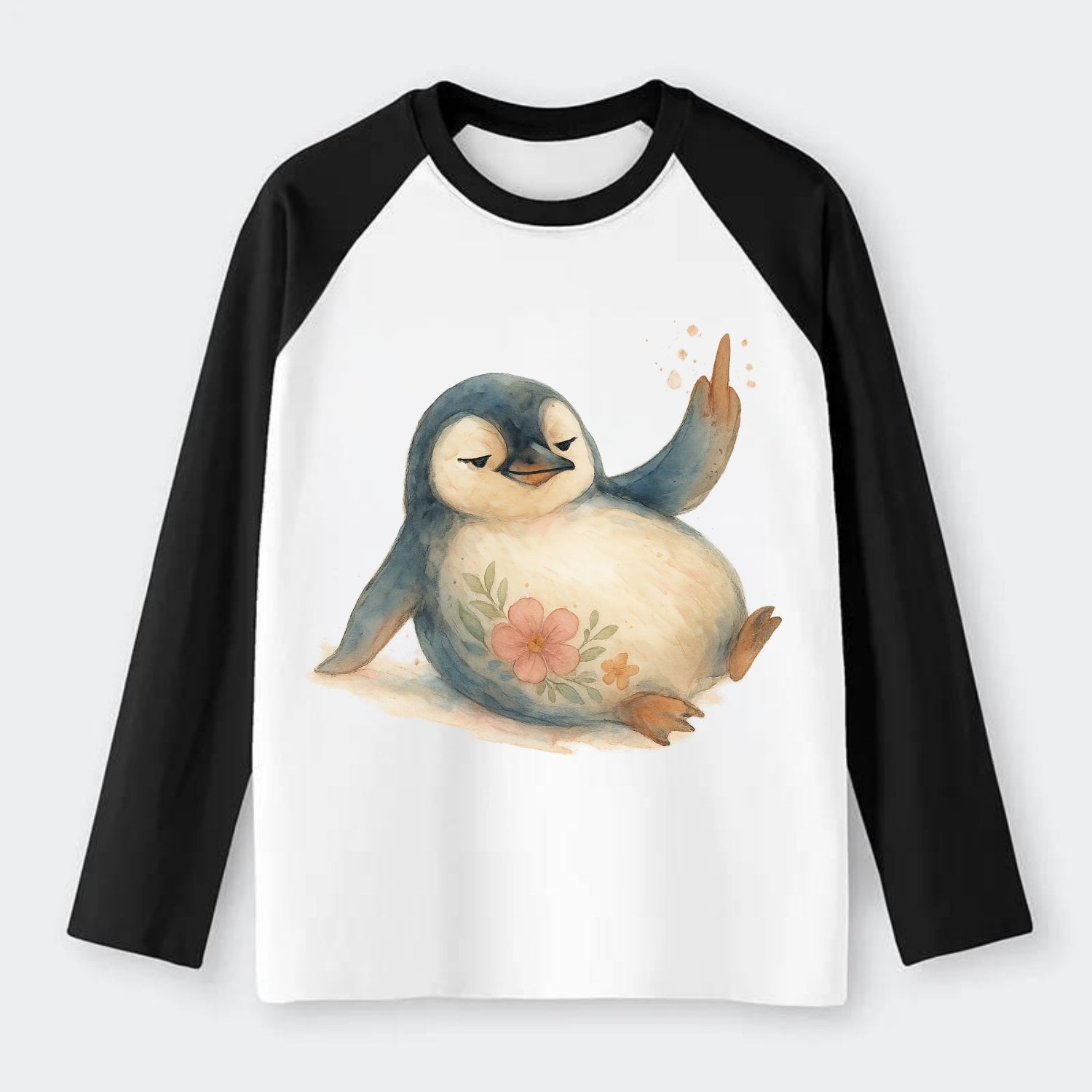 chubby penguin sliding on belly, one flipper up giving attitude - Raglan Long Sleeve T-Shirt - Black