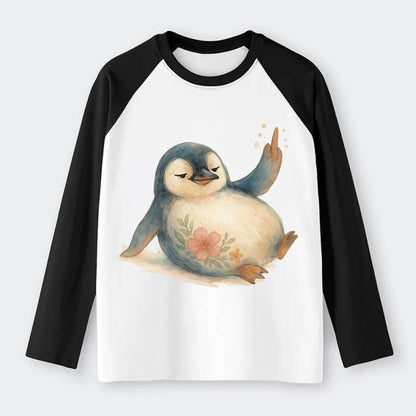 chubby penguin sliding on belly, one flipper up giving attitude - Raglan Long Sleeve T-Shirt - Black