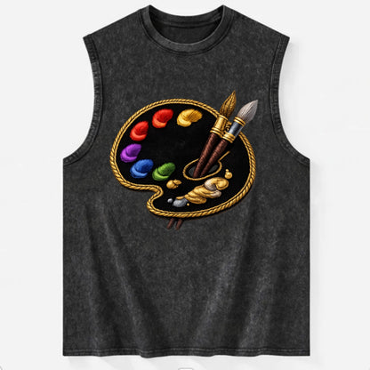 PAINT PALETTE - artist palette with brushes in rainbow and brown , creative - Vintage Washed Tank - Black