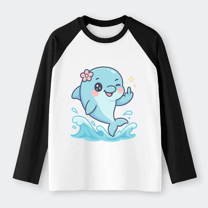 smiling dolphin jumping through ocean waves, one fin up with attitude - Raglan Long Sleeve T-Shirt - Black