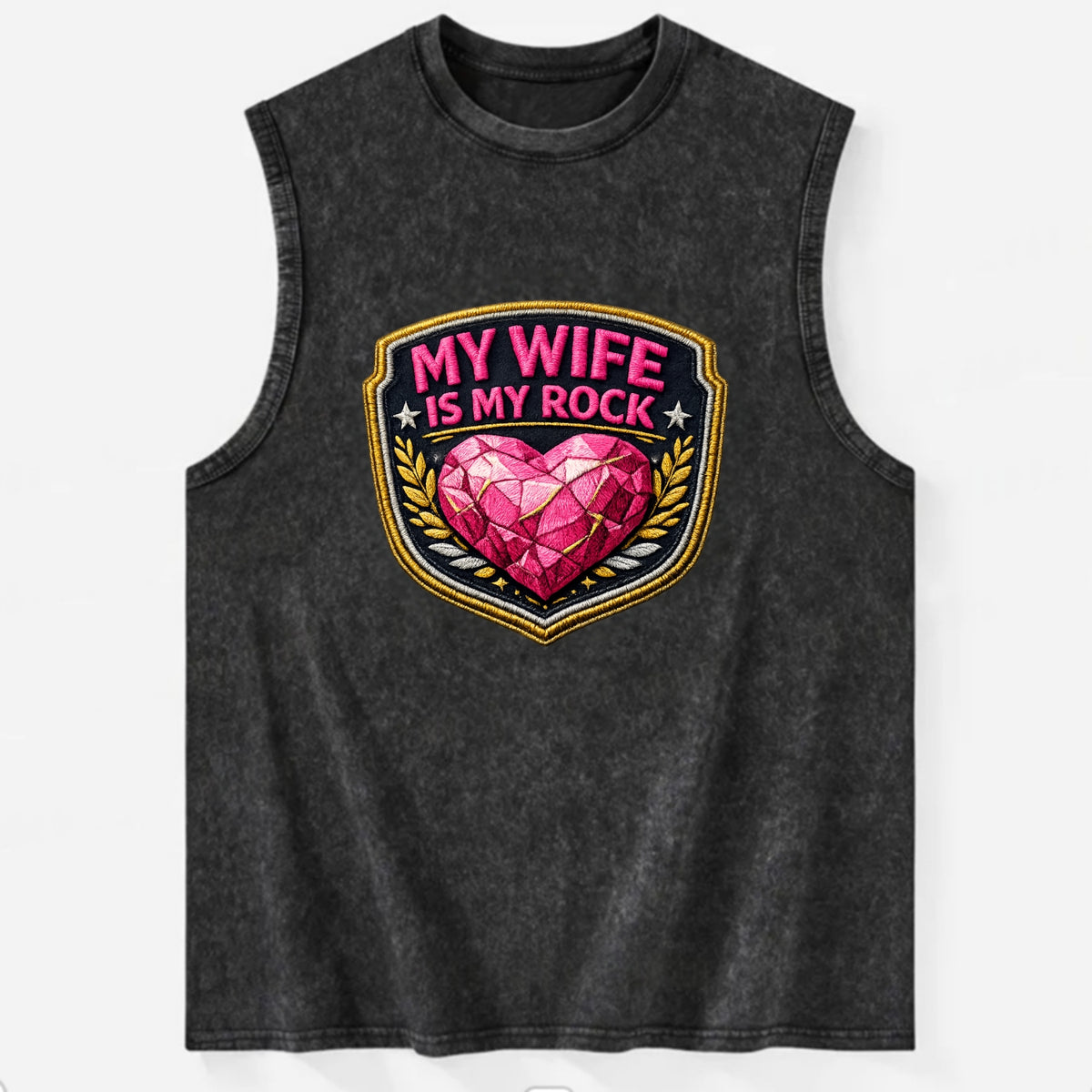 MY WIFE IS MY ROCK - pink rock heart - pink - solid wife - Vintage Washed Tank - Black