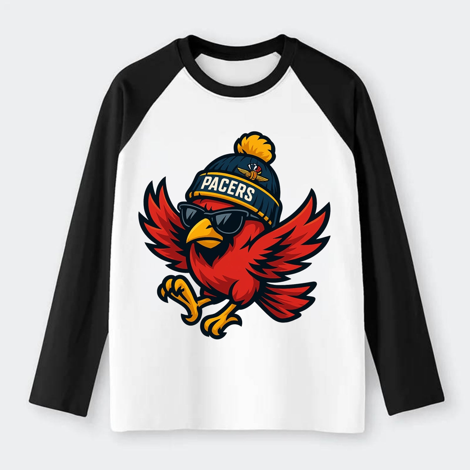 Indiana Cardinal wearing Pacers beanie with speedway patch and - Raglan Long Sleeve T-Shirt - Black