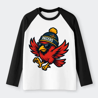 Indiana Cardinal wearing Pacers beanie with speedway patch and - Raglan Long Sleeve T-Shirt - Black